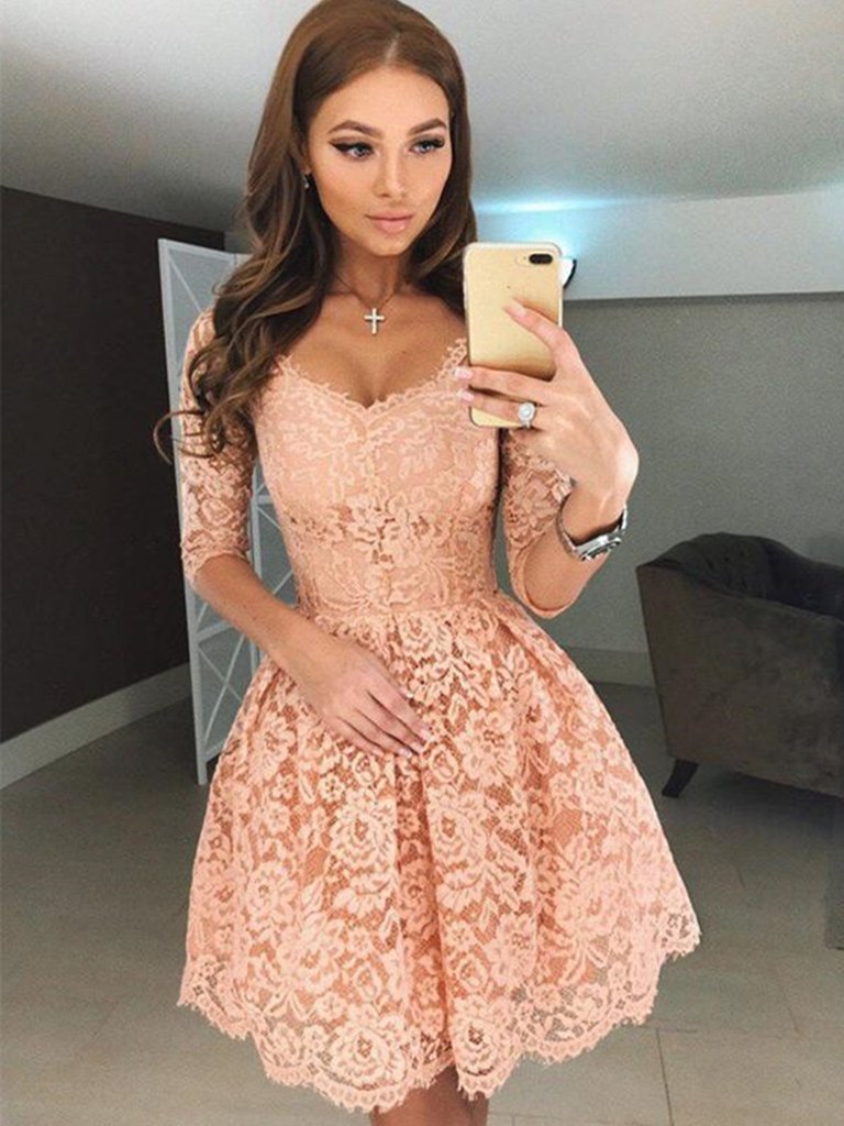 Half Sleeves Short Champagne Lace Prom Dresses, Short Champagne Lace Formal Homecoming Dresses,DS1624