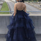 Halter Neck Dark Blue Lace Prom Dresses, Dark Navy Blue Lace Formal Evening Dresses,DS1482