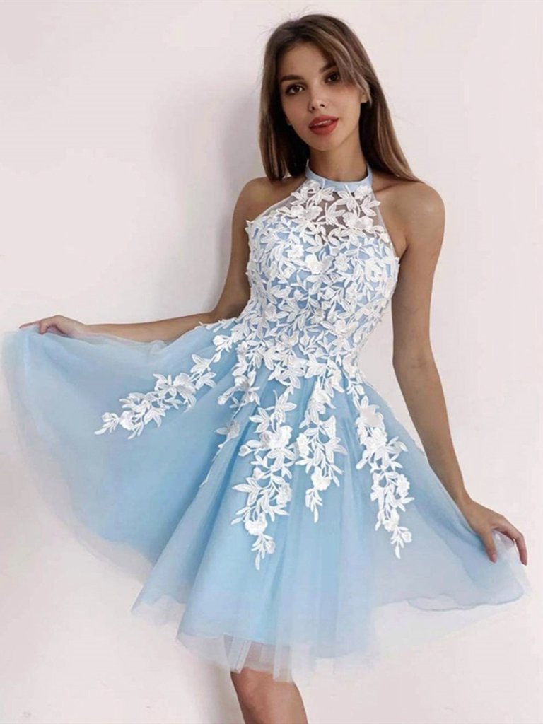 Halter Neck Short Lace Prom Dresses, Short Lace Formal Homecoming Graduation Dresses,DS1606
