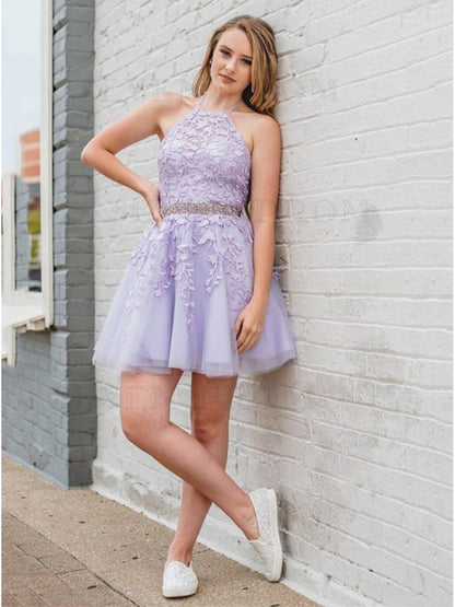 Halter Neck Short Purple Lace Prom Dresses, Short Purple Lace Homecoming Graduation Dresses,DS1349