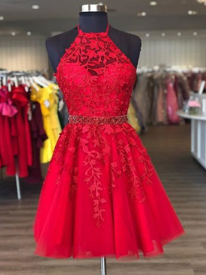 Halter Neck Short Red Lace Prom Dresses, Short Red Lace Formal Homecoming Dresses,DS1600