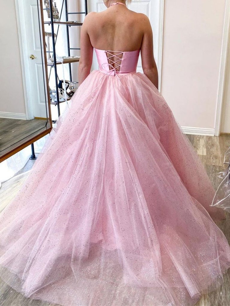 Halter Neck Two Pieces Pink Long Prom Dresses, Shiny 2 Pieces Pink Long Formal Evening Dresses,DS1467