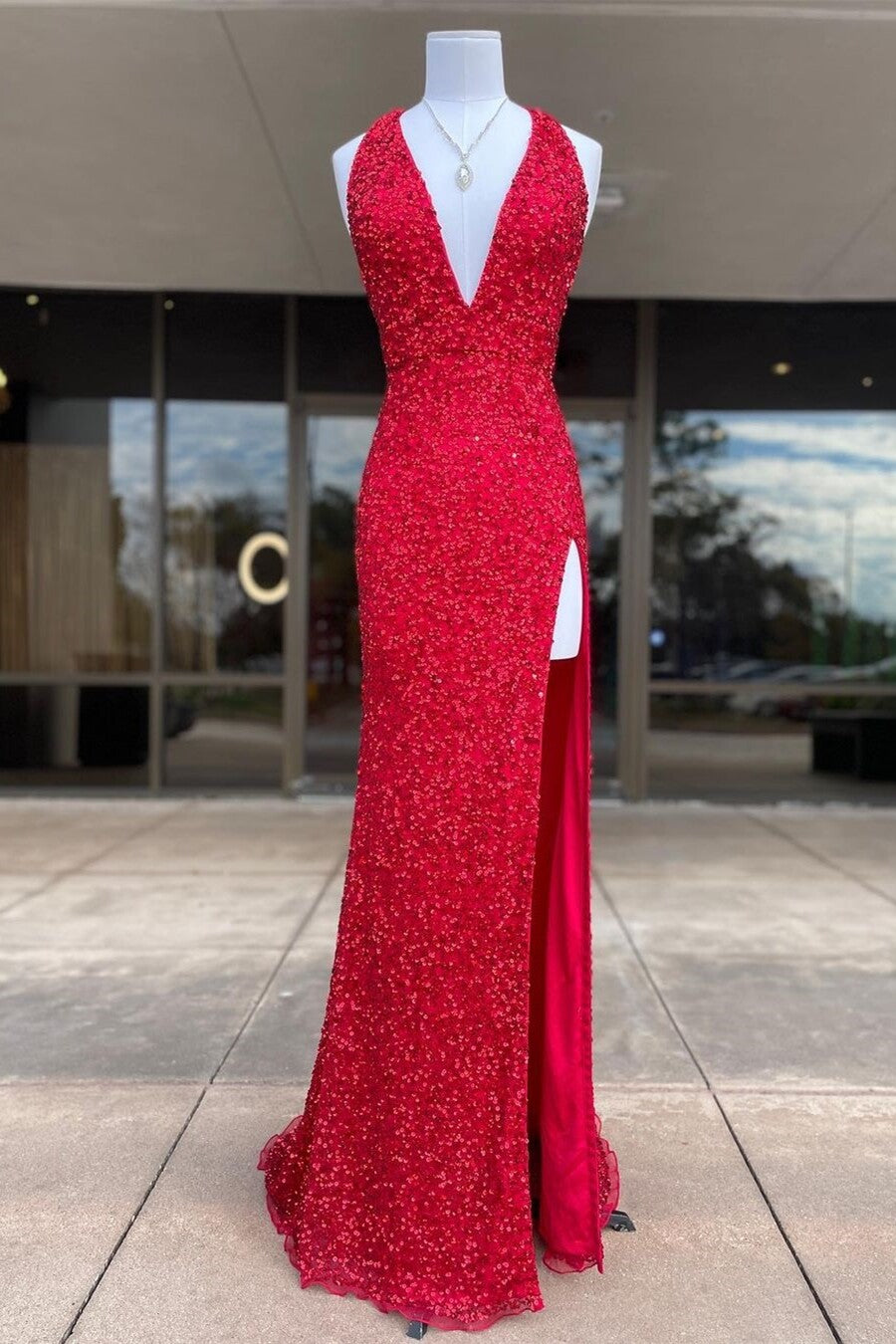 Halter Red Sequin Mermaid Side Slit Prom Dress,DS3466