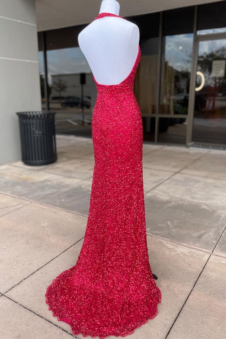 Halter Red Sequin Mermaid Side Slit Prom Dress,DS3466