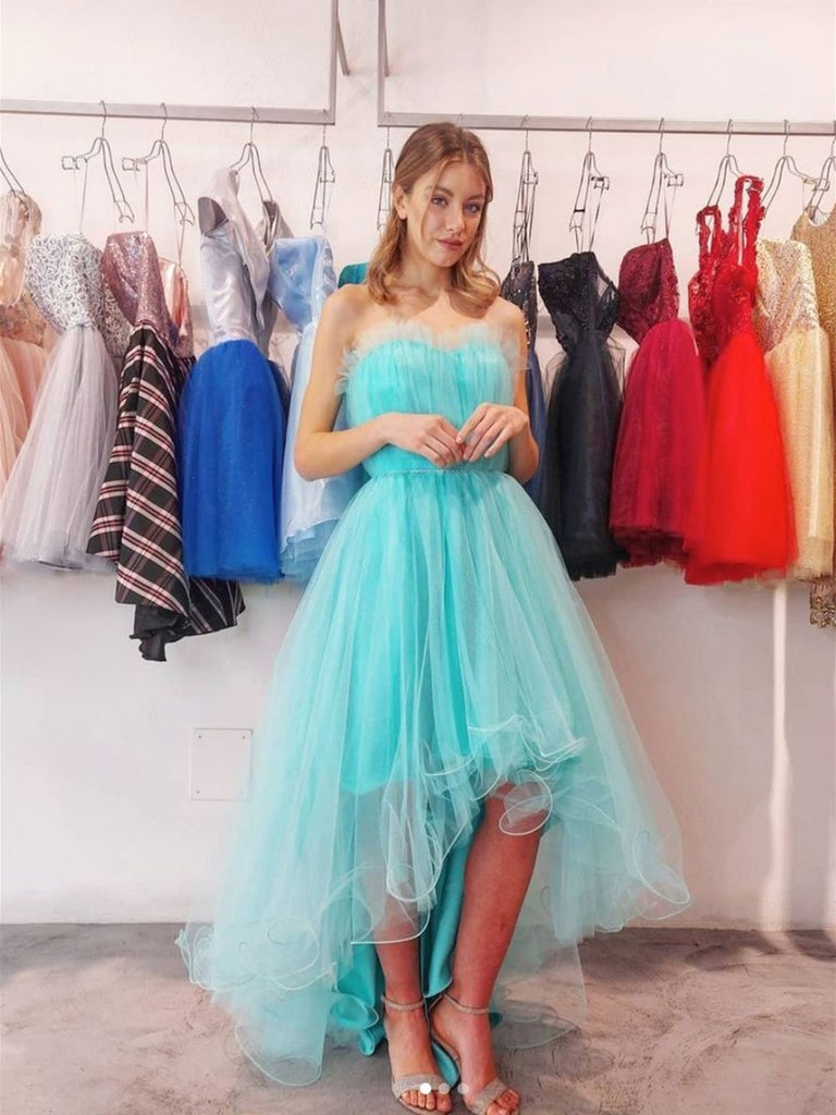 High Low Teal Blue Tulle Prom Dresses, Teal Blue High Low Formal Evening Dresses,DS1387