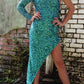 High Neck Tight Sequins Long Dress with Slit,DS3467