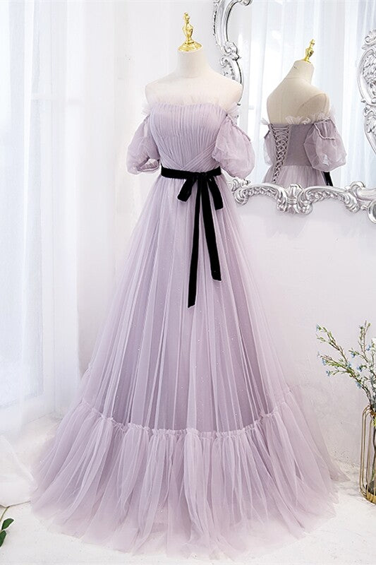 Lavender Soft Tulle Off the Shoulder Long Prom Dress,DS3463
