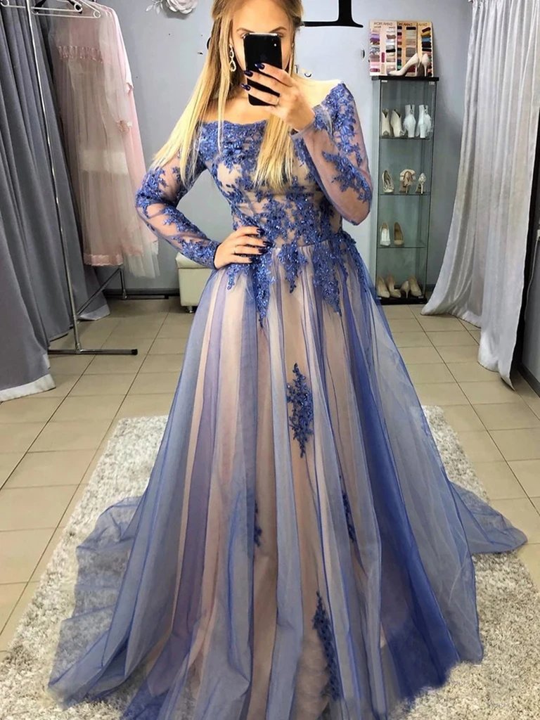 Long Sleeves Blue Lace Prom Dresses, Long Sleeves Blue Lace Formal Evening Dresses,DS1443