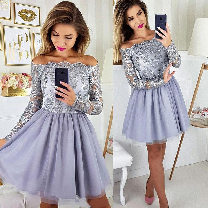 Long Sleeves Short Gray Lace Prom Dresses, Short Gray Lace Formal Graduation Homecoming Dresses,DS1604