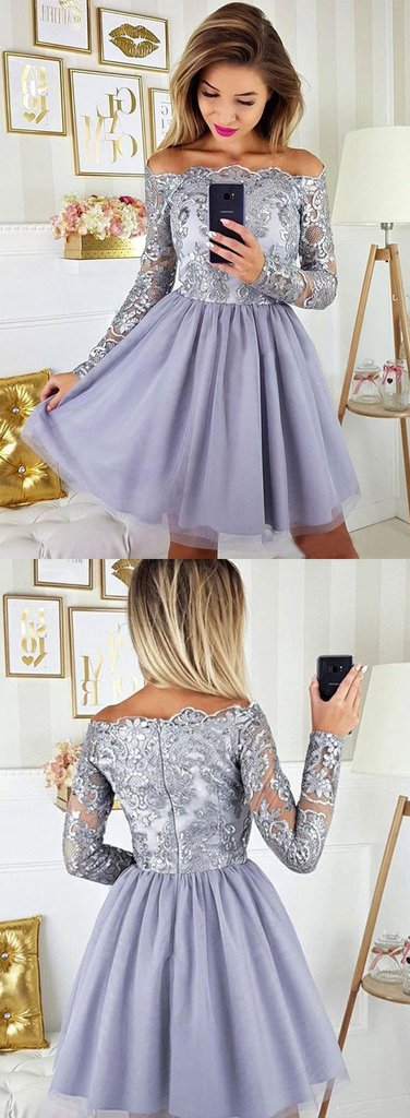 Long Sleeves Short Gray Lace Prom Dresses, Short Gray Lace Formal Graduation Homecoming Dresses,DS1604