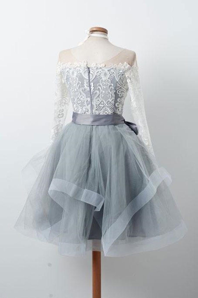 Long Sleeves Short Gray Prom Dress with White Lace, Long Sleeves Short Lace Graduation Homecoming Dresses,DS1371