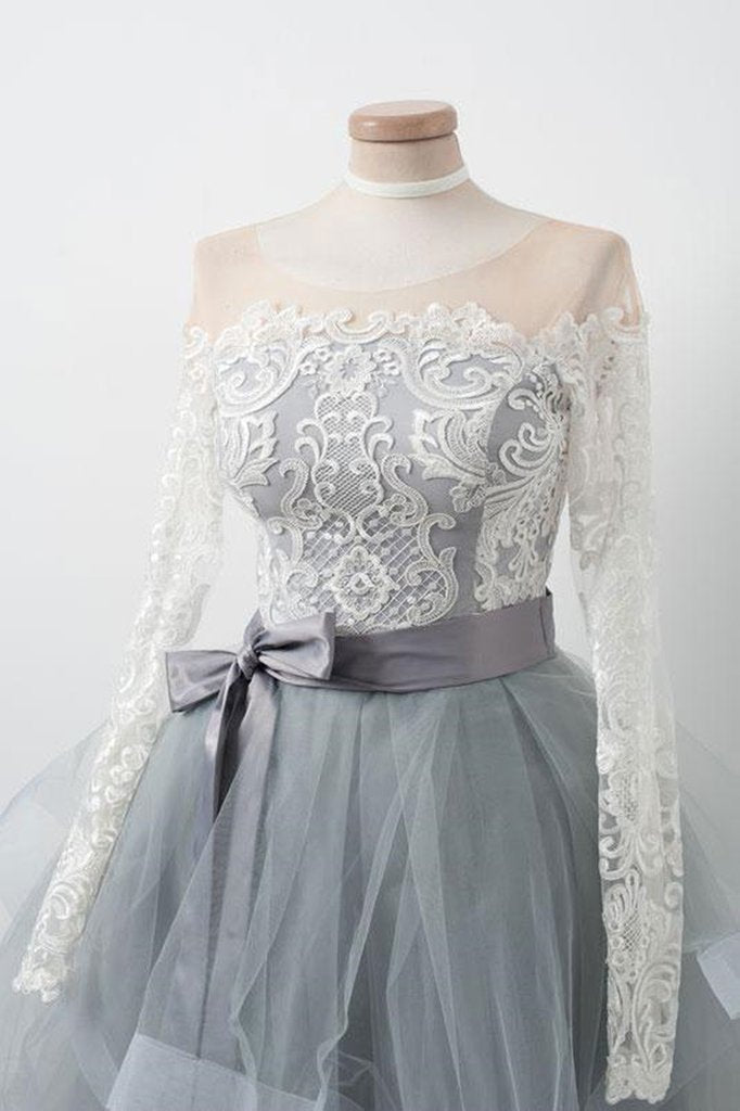 Long Sleeves Short Gray Prom Dress with White Lace, Long Sleeves Short Lace Graduation Homecoming Dresses,DS1371