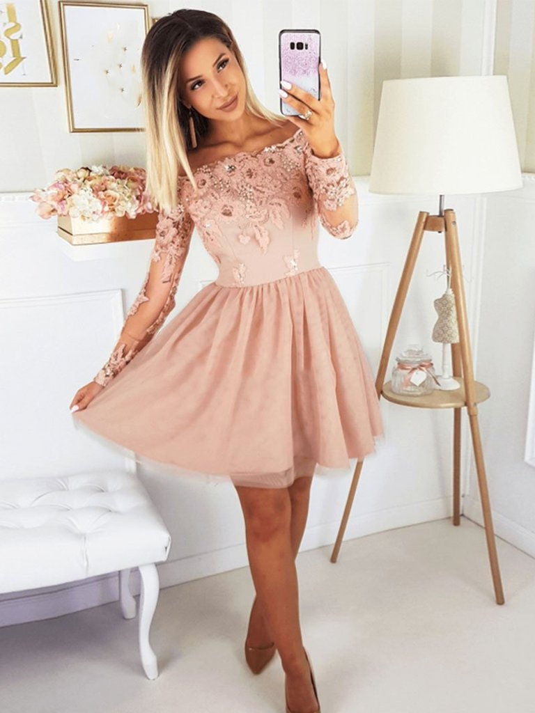 Long Sleeves Short Pink Lace Prom Dresses, Short Pink Lace Formal Homecoming Dresses,DS1605