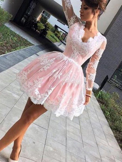 Long Sleeves Short Pink Lace Prom Dresses, Short Pink Lace Graduation Homecoming Dresses,DS1367
