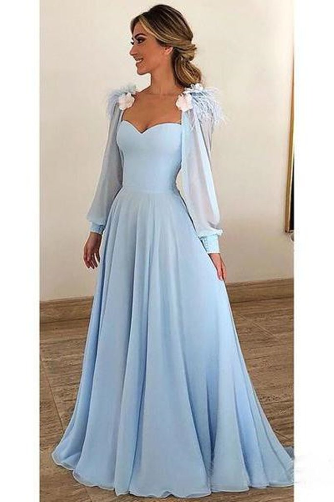 Long Sleeves Sky Blue Long Prom Dresses, Light Blue Long Sleeves Floral Formal Evening Dresses,DS1390
