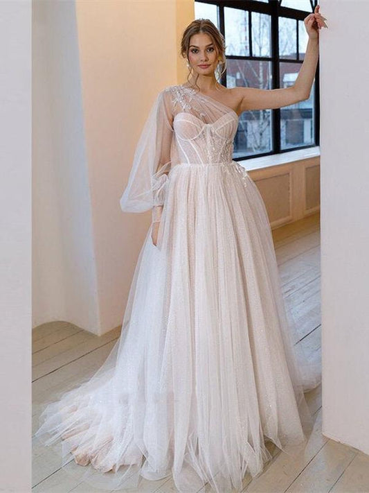One Shoulder Ivory Sequin Tulle Wedding Dress Appliques Long Prom Dresses,DS2606