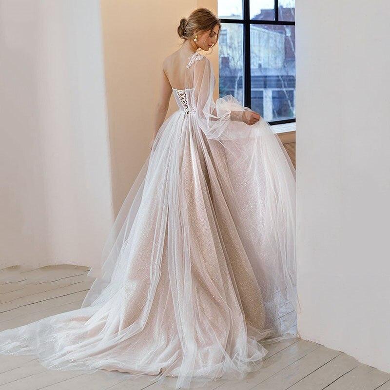 One Shoulder Ivory Sequin Tulle Wedding Dress Appliques Long Prom Dresses,DS2606