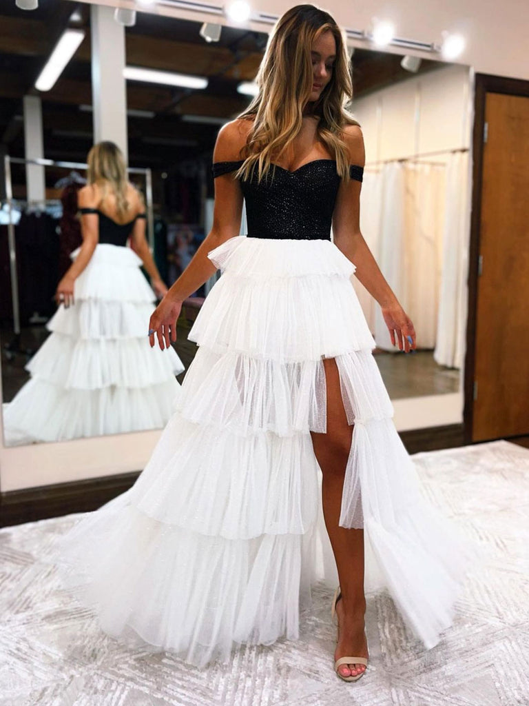 WHITE A LINE TULLE OFF SHOULDER LONG PROM DRESS, WHITE TULLE FORMAL DRESS,DS4588