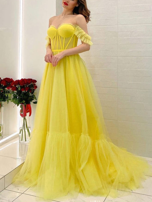 YELLOW OFF SHOULDER TULLE LONG PROM DRESS, YELLOW TULLE EVENING DRESS,DS4587