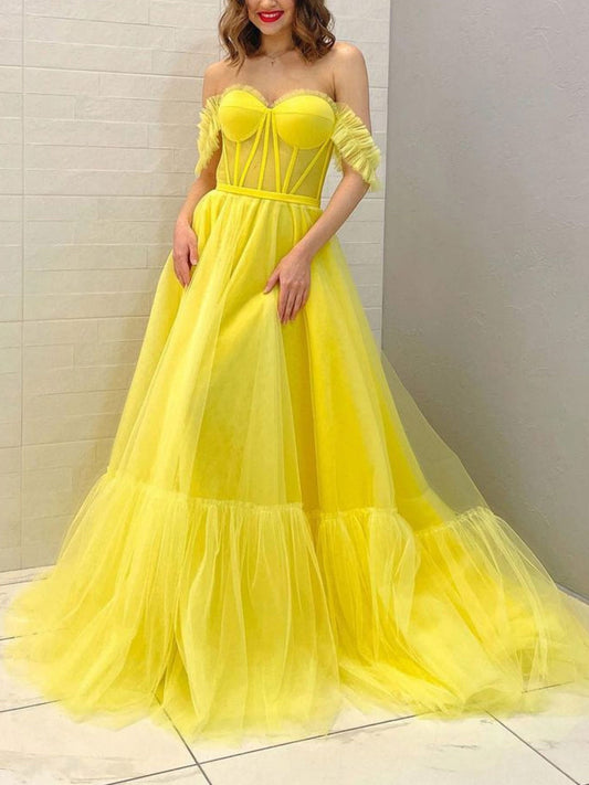 YELLOW OFF SHOULDER TULLE LONG PROM DRESS, YELLOW TULLE EVENING DRESS,DS4587