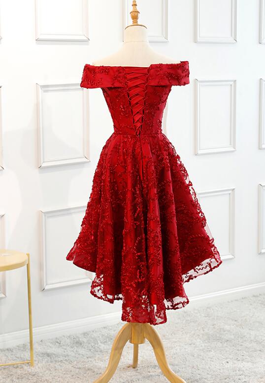 Dark Red High Low Off the Shoulder Party Dress, Dark Red Homecoming Dress,DS1116