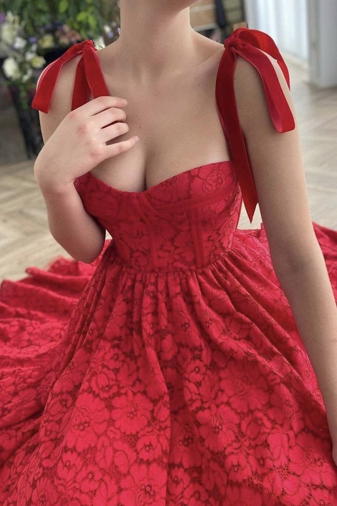 Sweetheart Neck Tea Length Red Lace Prom Dress, Red Lace Homecoming Dress, Red Formal Evening Dress,DS1062