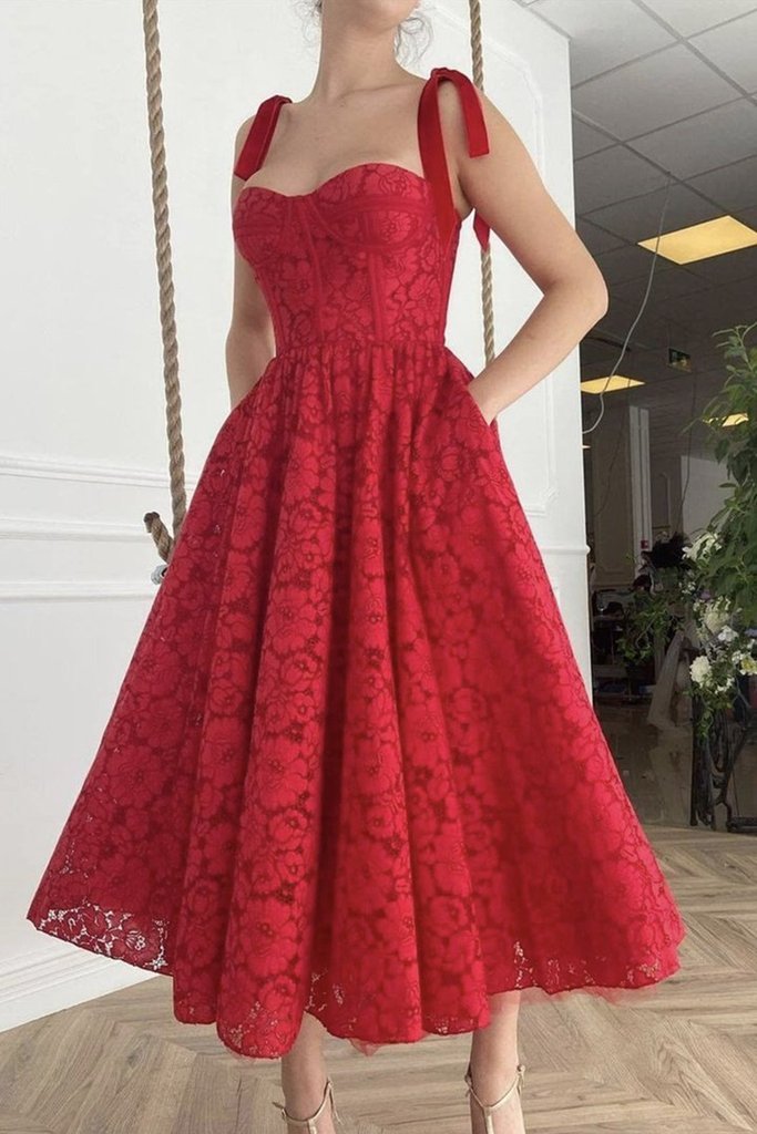 Sweetheart Neck Tea Length Red Lace Prom Dress, Red Lace Homecoming Dress, Red Formal Evening Dress,DS1062