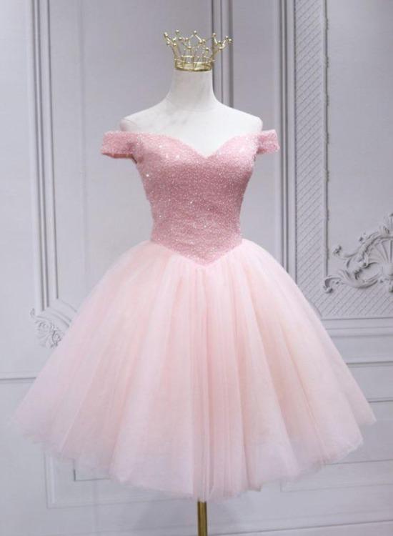 Lovely Pink Off Shoulder Style Princess Tulle Homecoming Dress, Pink Prom Dress Party Dress ,DS1048