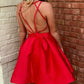 A Line V Neck Open Back Short Red Prom Homecoming Dresses, Short Backless Red Formal Graduation Evening Dress,DS1038