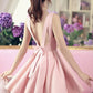 Cute V Neck Open Back Pink Satin Short Prom Homecoming Dress, V Neck Pink Formal Graduation Evening Dress ,DS1045