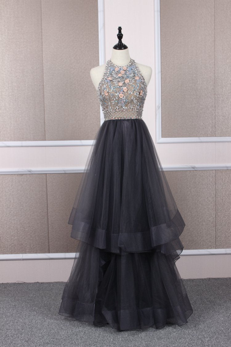 Unique tulle beads long prom dress tulle long evening dress,DS2365