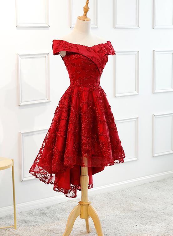 Dark Red High Low Off the Shoulder Party Dress, Dark Red Homecoming Dress,DS1116