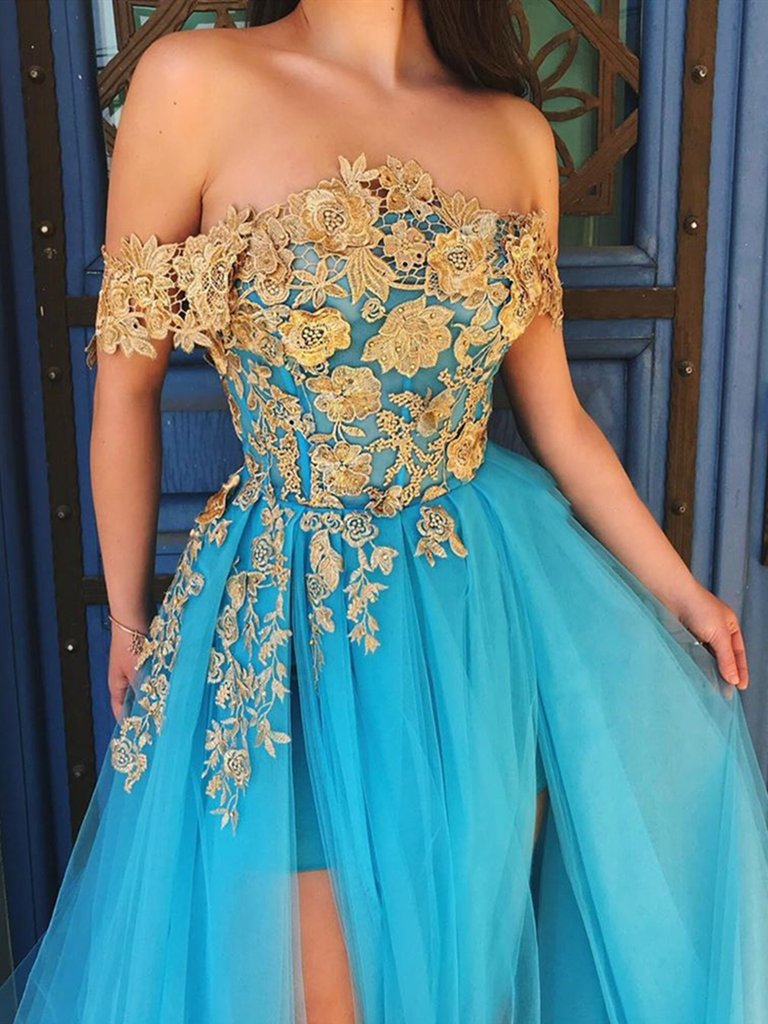 Off Shoulder Blue Lace Prom Dresses, Off the Shoulder Long Lace Formal Evening Dresses,DS1757