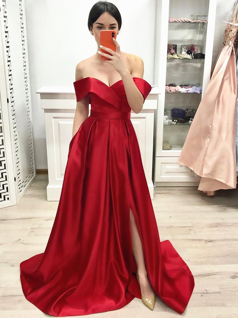 Off Shoulder Red Prom Dress with leg Slit, Red Off the Shoulder Formal Evening Dresses,DS1718