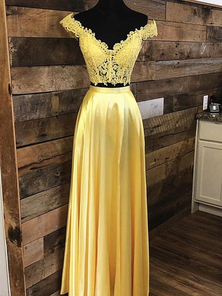 Off the Shoulder 2 Pieces Yellow Lace Prom Dresses, Two Pieces Off Shoulder Yellow Lace Formal Evening Dresses,DS1725