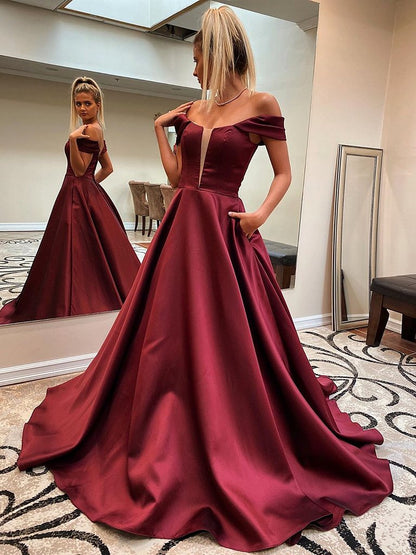 Off the Shoulder Burgundy Prom Dresses, Wine Red Long Formal Evening Dresses,DS1724