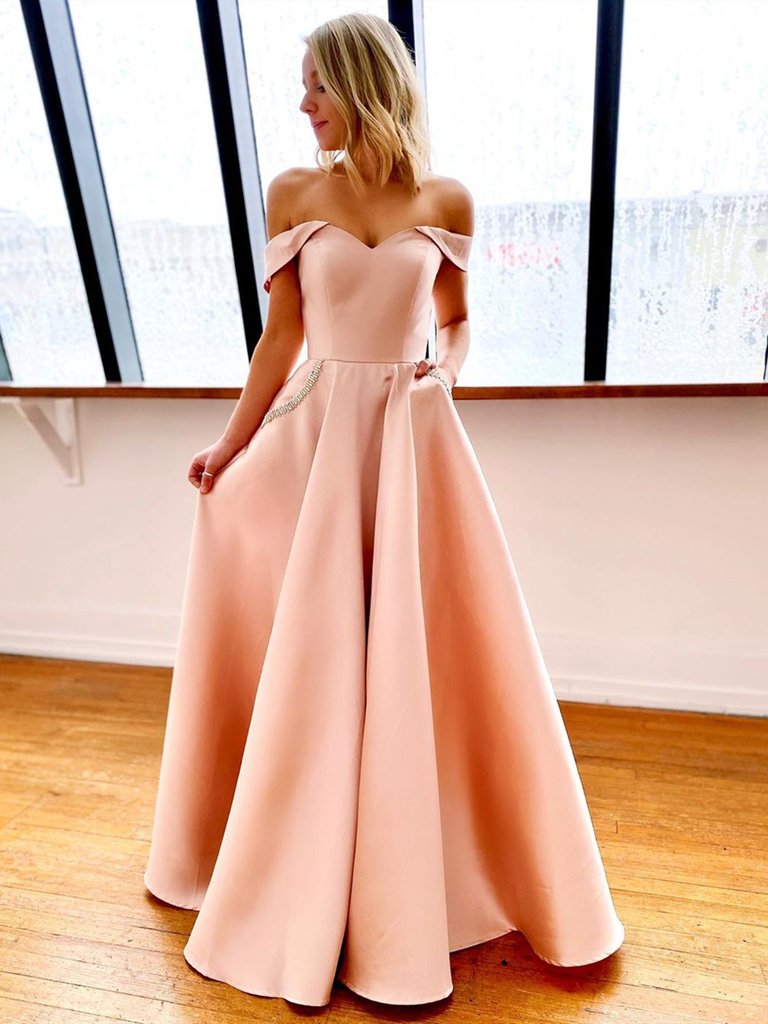 Off the Shoulder Pink/Yellow Long Prom Dresses, Pink/Yellow Formal Evening Dresses with Pockets,DS1700