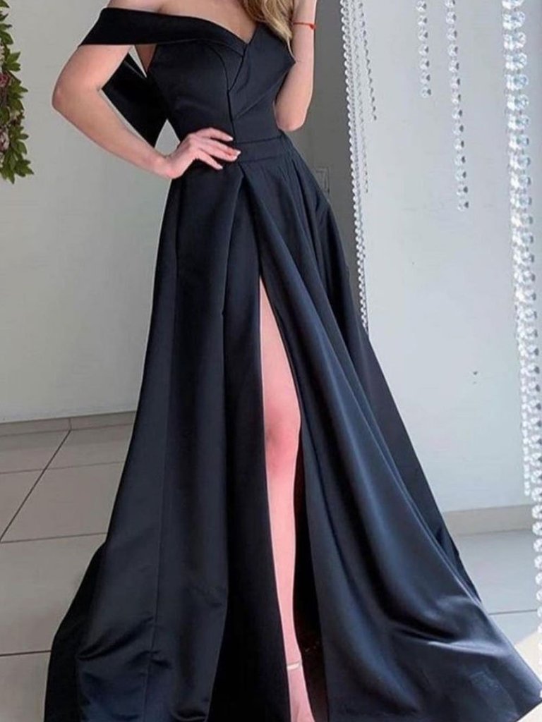 Off the Shoulder Black Satin Long Prom Dresses, Black Off Shoulder Long Formal Evening Dresses,DS1532