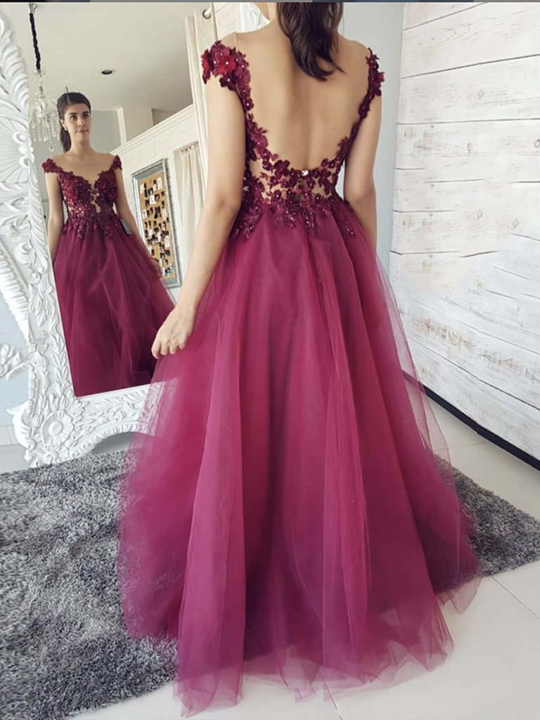 Off the Shoulder Burgundy Lace Floral Prom Evening Dresses, Wine Red Lace Formal Dresses,DS1492