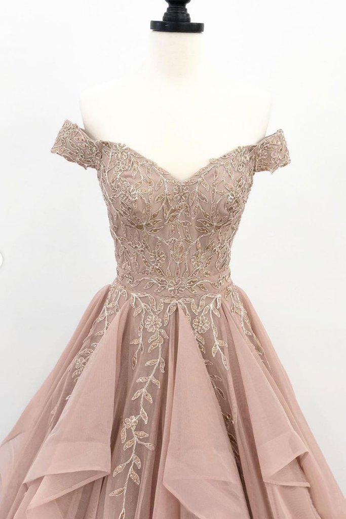 Off the Shoulder Champagne Lace Prom Dresses, Off Shoulder Champagne Lace Formal Evening Dresses,DS1448
