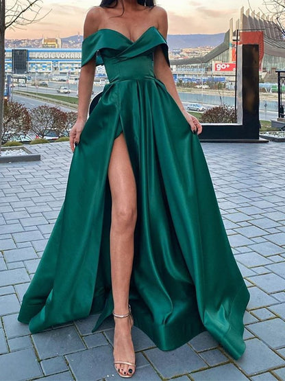Off the Shoulder Emerald Green Satin Long Prom Dresses with Leg Slit, Off Shoulder Dark Green High Slit Long Formal Evening Dresses,DS1668