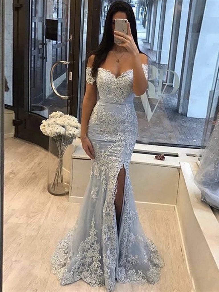 Off the Shoulder Light Blue Mermaid Lace Prom Dresses, Off Shoulder Mermaid Lace Formal Evening Dresses,DS1483