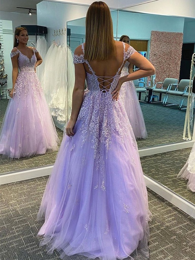 Off the Shoulder Purple Lace Prom Dresses, Purple Lace Formal Evening Dresses,DS1441