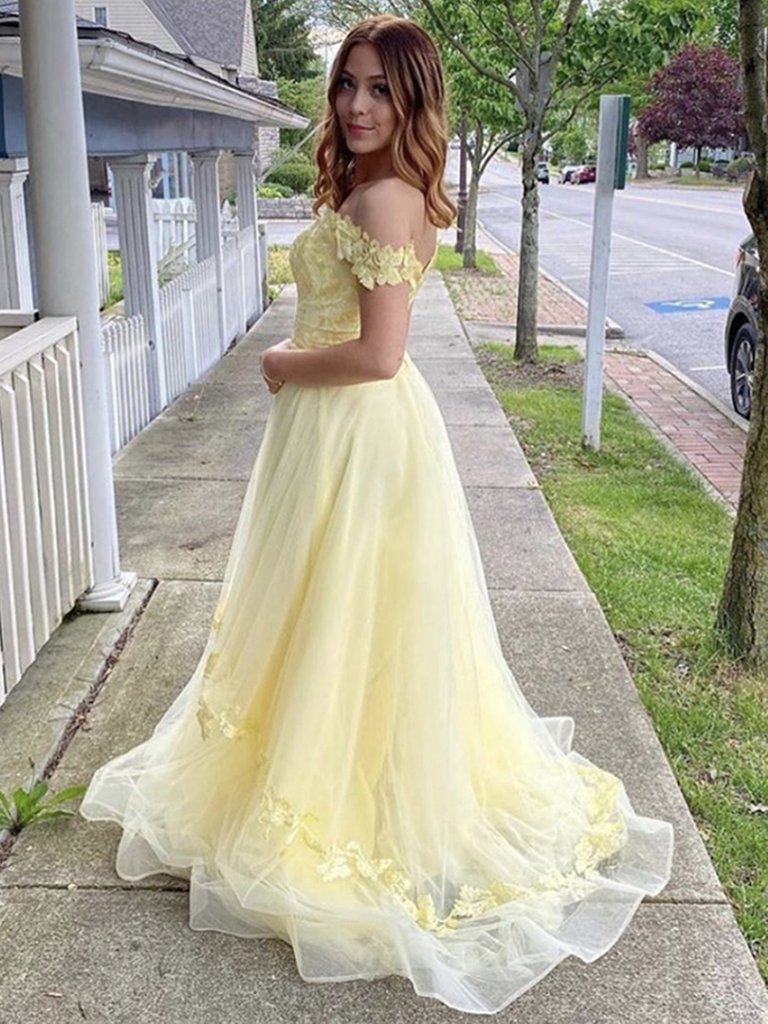 Off the Shoulder Yellow Floral Long Prom Dresses, Yellow Floral Long Formal Evening Dresses,DS1494