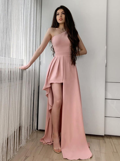 One Shoulder Pink Long Prom Dress, One Shoulder Pink Long Formal Evening Dresses,DS1659