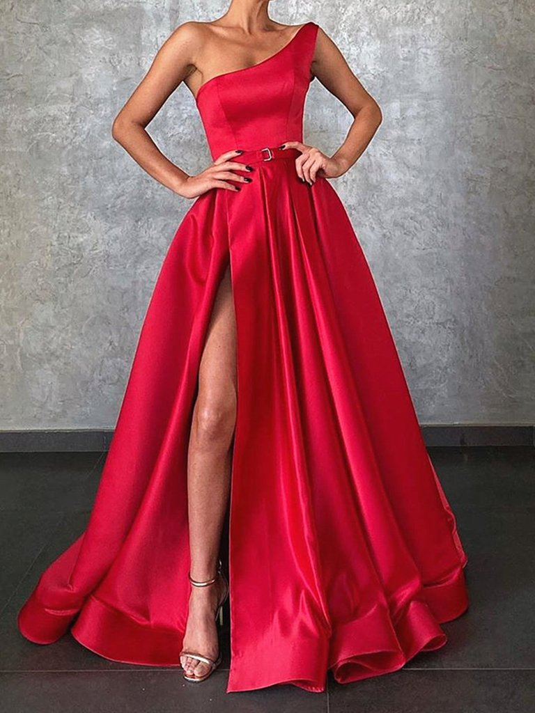One Shoulder Red Satin Long Prom Dresses, One Shoulder Red Satin Formal Evening Graduation Dresses,DS1734