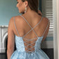 Open Back Light Blue Lace Short Homecoming Prom Dress, Light Blue Lace Formal Dress, Blue Evening Dress,DS0976