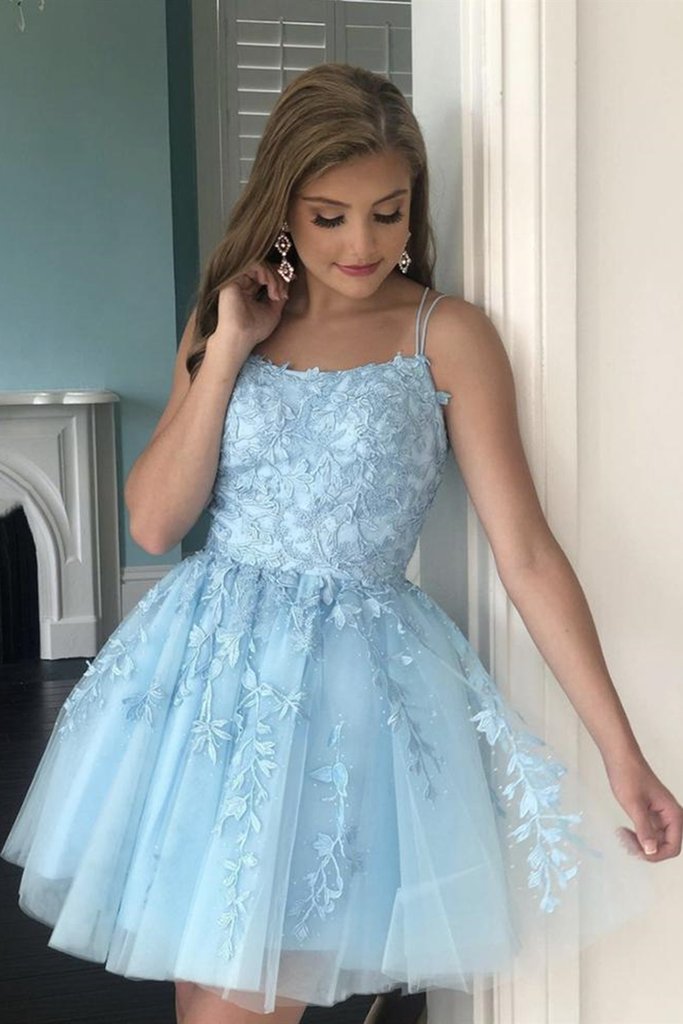Open Back Light Blue Lace Short Homecoming Prom Dress, Light Blue Lace Formal Dress, Blue Evening Dress,DS0976