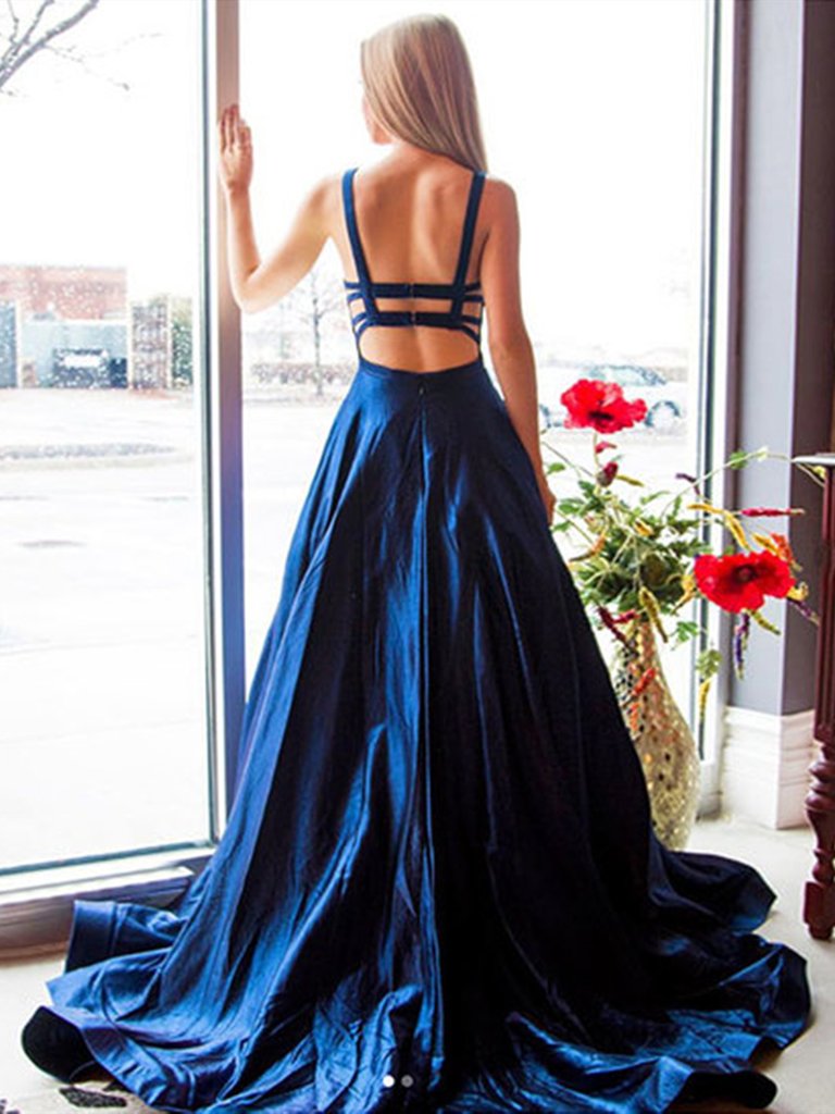 Open Back Navy Blue Long Prom Dresses, Backless Dark Blue Formal Evening Dresses,DS1623