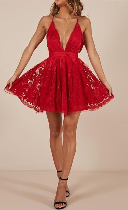 red lace homecoming dresses, cheap short homecoming dresses, sexy deep v neck cocktail dresses,DS0807